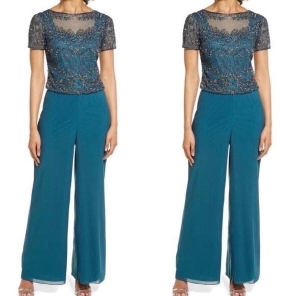 Pisarro Nights Teal and Black beeded Jumpsuit - Picture 1 of 16